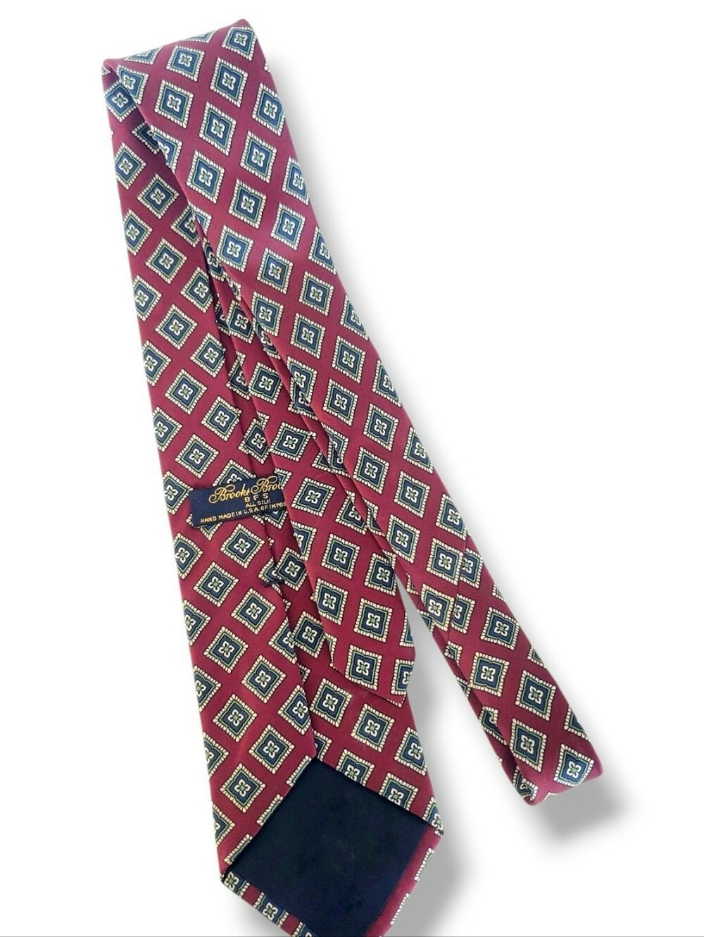 Brooks Brothers burgundy and blue geometric diamond-pattern 100% silk necktie,